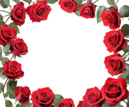 Romantic red roses arranged in circular floral border, beautiful vibrant flowers with green leaves, perfect for love, weddings, and Valentine’s Day isolated on transparent background