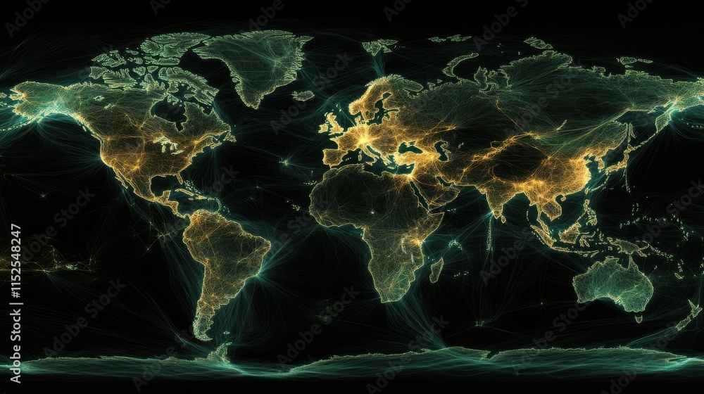 Poster illuminated world map with network connections and glowing effects