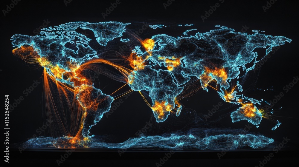 Poster global network visualization in bright colors over dark background