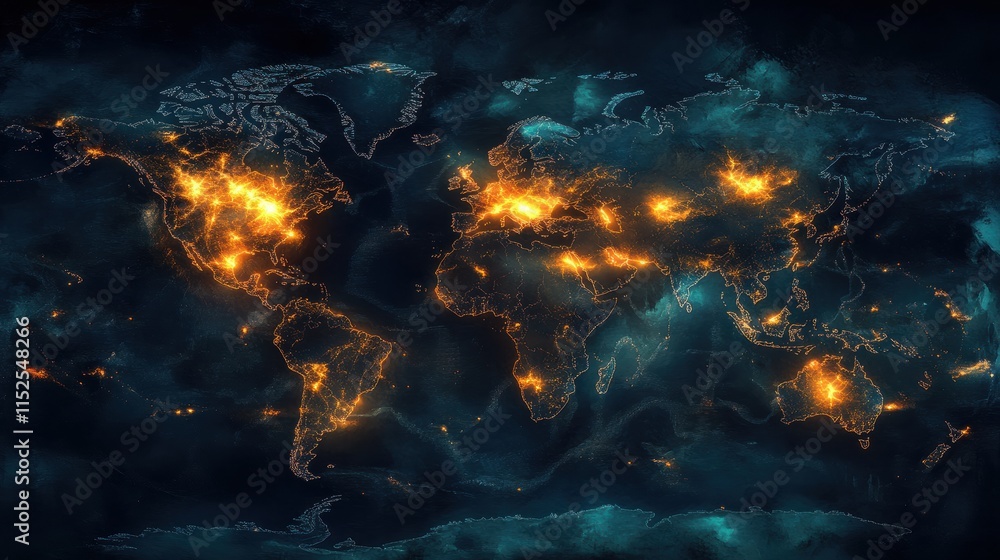 Poster global connections illustrated with bright light patterns on map
