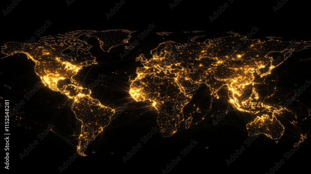 Poster bright global map view with illuminated cities and networks