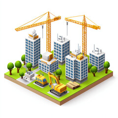 A Construction equipment and cityscape growth with unfinished structures