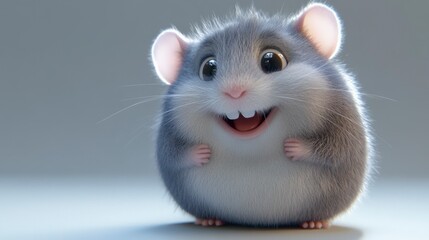 Happy Hamster Smiling Close-Up, Fluffy Gray Rodent, Light Background