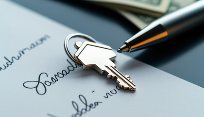 A close up of house purchase agreement signature with silver key, house shaped keyring, and pen, symbolizing new beginnings