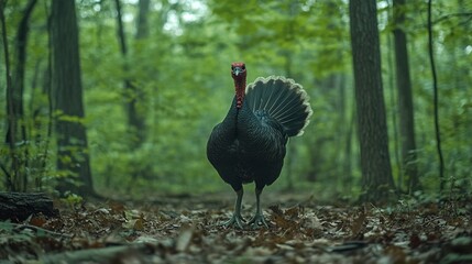 Fototapeta premium Wild turkey in forest, displaying feathers.