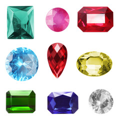 Many different shiny gemstones on white background, set