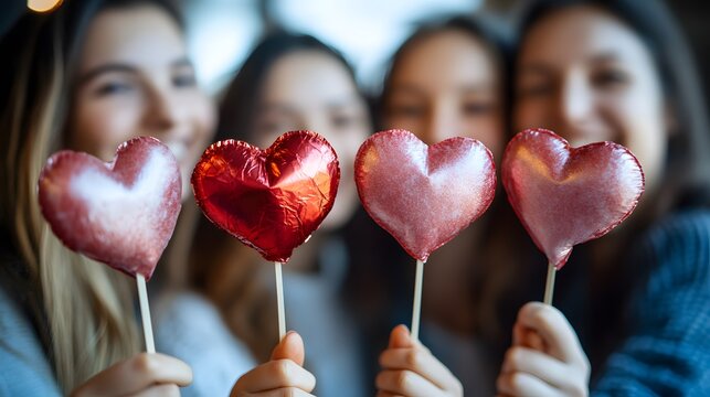 Four young women hold heart-shaped lollipops, smiling. A close-up shot focuses on the candies, with the women softly blurred in the background. Perfect for Valentine's Day or friendship themes.