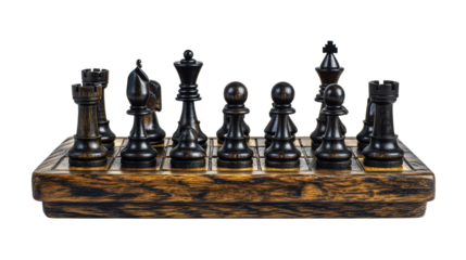Wooden chess board with black and brown pieces in starting position, strategic game setup, classic design, and traditional gameplay theme isolated on transparent background