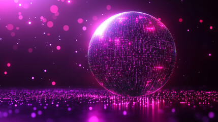 A glowing sphere with intricate data patterns and circuit lines floats against a dark background, symbolizing advanced technology, data processing, and the digital world

