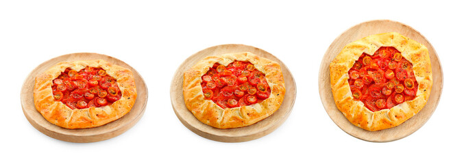 Delicious galette with cherry tomatoes on white background, collage. Top and side views