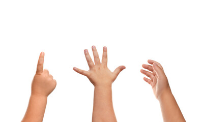 Kids showing hands on white background, closeup