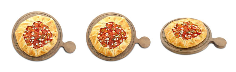 Delicious galette with cherry tomatoes and cheese on white background, collage. Top and side views