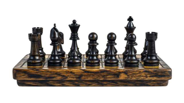 Wooden chess board with black and brown pieces in starting position, strategic game setup, classic design, and traditional gameplay theme isolated on transparent background