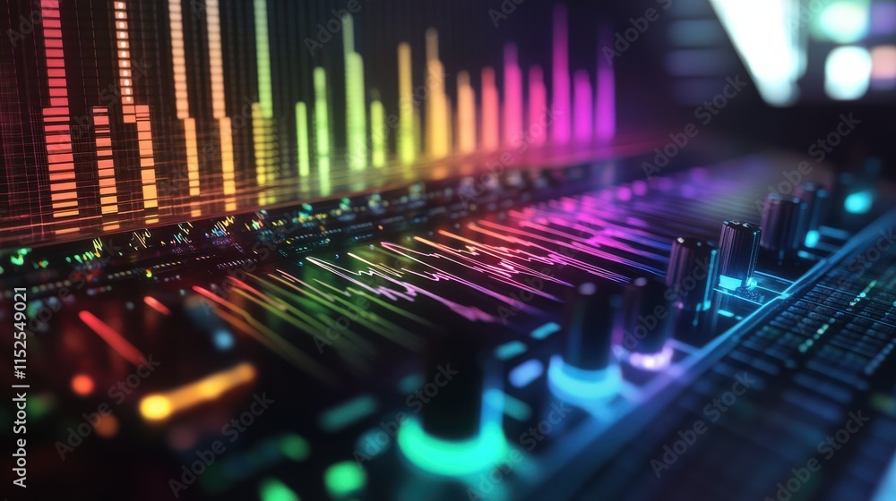 Poster abstract colorful sound wave with audio mixer and equalizer display