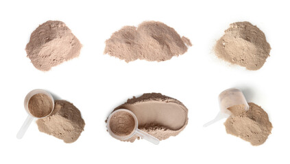 Protein powder and measuring scoop on white background, set
