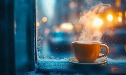 Warm Coffee Cup by a Frosty Window at Night.