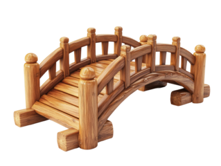 Rustic wooden footbridge with curved railings and textured planks, small decorative arched design for gardens or outdoor landscaping isolated on transparent background