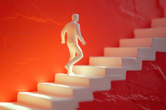 A human figure climbs staircase, symbolizing business success and strong leadership. vibrant background enhances motivational theme