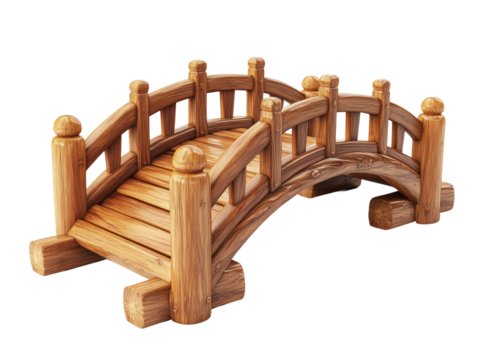 Rustic wooden footbridge with curved railings and textured planks, small decorative arched design for gardens or outdoor landscaping isolated on transparent background