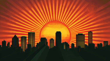Naklejka premium A rising sun symbol illuminating cityscape, embodying business success and visionary leadership