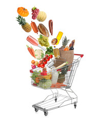 Many different products falling into shopping cart on white background © New Africa