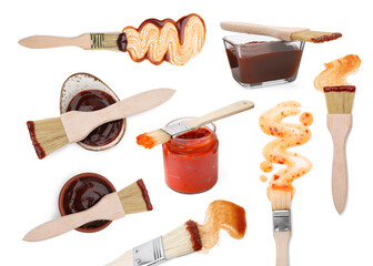 Marinade and basting brushes isolated on white, collage