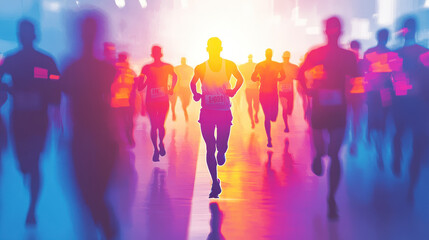 A vibrant marathon scene with focused winner in sharp detail, surrounded by blurred runners in dynamic motion