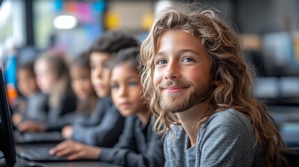 Classroom filled with diverse students using advanced technology to learn math and science guided by their enthusiastic and supportive teacher