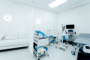 Interior of surgical operating room hospital, bright room with medical equipment