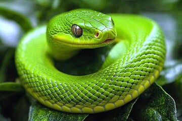 Fototapeta premium Vibrant emerald green snake coiled on leaves.