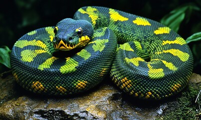 Obraz premium Vibrant green snake curled on rock.