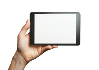 Female hand holding horizontal blank tablet with white screen, digital device concept for design, technology, apps, and copy space isolated on transparent background