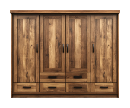 Modern cabinet wardrobe featuring a rustic wood finish ideal for stylish home organization and storage solutions. Isolated on transparent background, png.