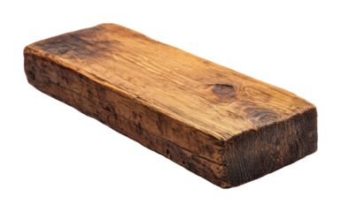 Old rustic wooden chopping block with dark texture, vintage cutting board, weathered kitchen surface, aged wood, and farmhouse culinary decor isolated on transparent background