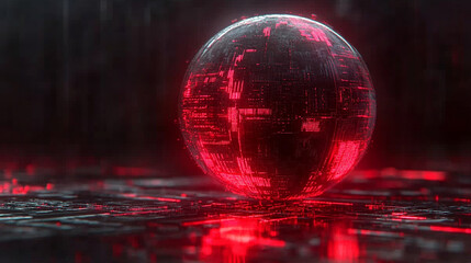 glowing sphere with intricate data patterns and circuit lines floats against a dark background, symbolizing advanced technology, data processing, and the digital world