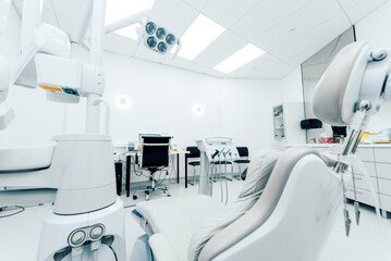 Interior of dental office hospital, bright room with medical equipment chair