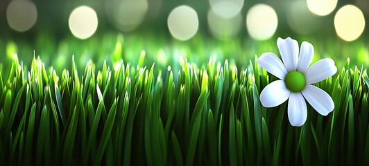 Fototapeta premium Single White Flower in Lush Green Grass Meadow