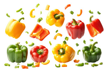 Fresh bell peppers in green, yellow, red colors, falling chopped pieces with slices isolated on white background, healthy vegetables for cooking
