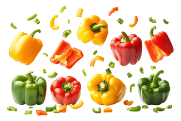 Fresh bell peppers in green, yellow, red colors, falling chopped pieces with slices isolated on white background, healthy vegetables for cooking