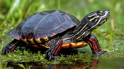 Fototapeta premium Turtle walking, wet grass.
