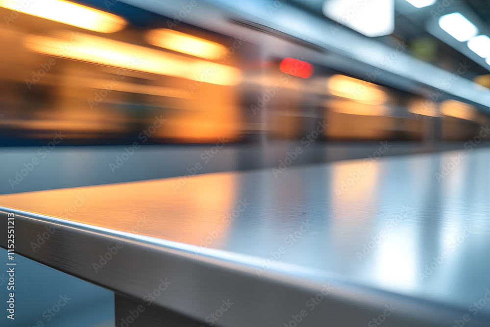 Poster a close-up of a metallic surface with a blurred train in motion in the background.
