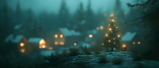 A serene winter landscape with a glowing Christmas tree in the foreground and softly lit houses in the background.