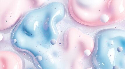 Abstract pastel pink and blue liquid blobs with glitter and spheres.