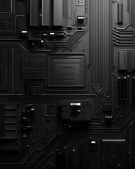 A close-up view of a dark circuit board with intricate patterns and components.