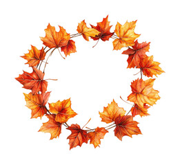 Fototapeta premium Autumn leaf wreath in vibrant red, orange, and yellow colors, circular fall foliage arrangement for seasonal decoration isolated on transparent background