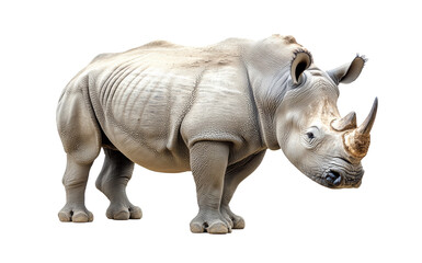 Fototapeta premium Powerful white rhinoceros with thick skin and prominent horn, isolated on transparent background, endangered species, wildlife conservation, large animal, African wildlife, safari icon