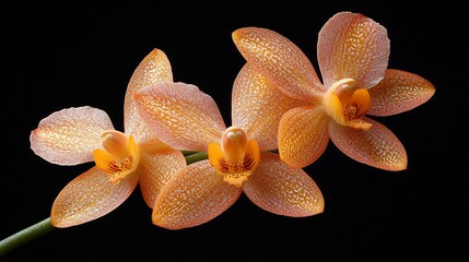 Three peach orchids with dew drops on black background.