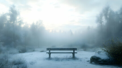 Obraz premium A tranquil winter landscape featuring a lone bench surrounded by fog and snow, evoking a sense of calm and solitude.
