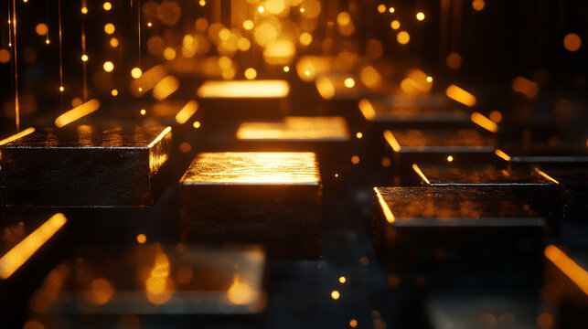 A blurred image of stacked gold bars evoking a sense of wealth, luxury, and the elusive pursuit of success amidst chaotic surroundings symbolizing stability in a world of uncertainty

