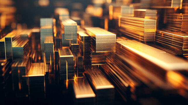 A blurred image of stacked gold bars evoking a sense of wealth, luxury, and the elusive pursuit of success amidst chaotic surroundings symbolizing stability in a world of uncertainty

